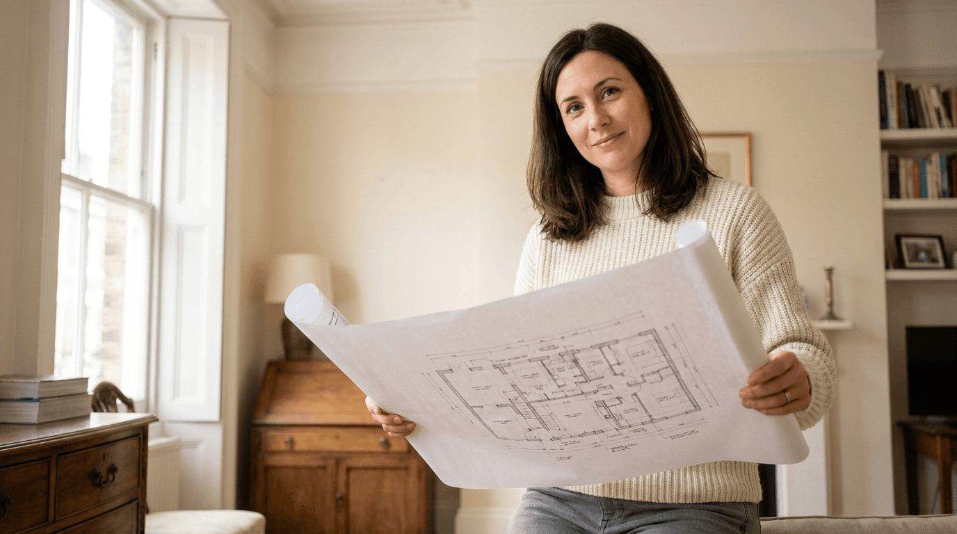A Plan Hub guide reviewing an architectural drawing with a homeowner.
